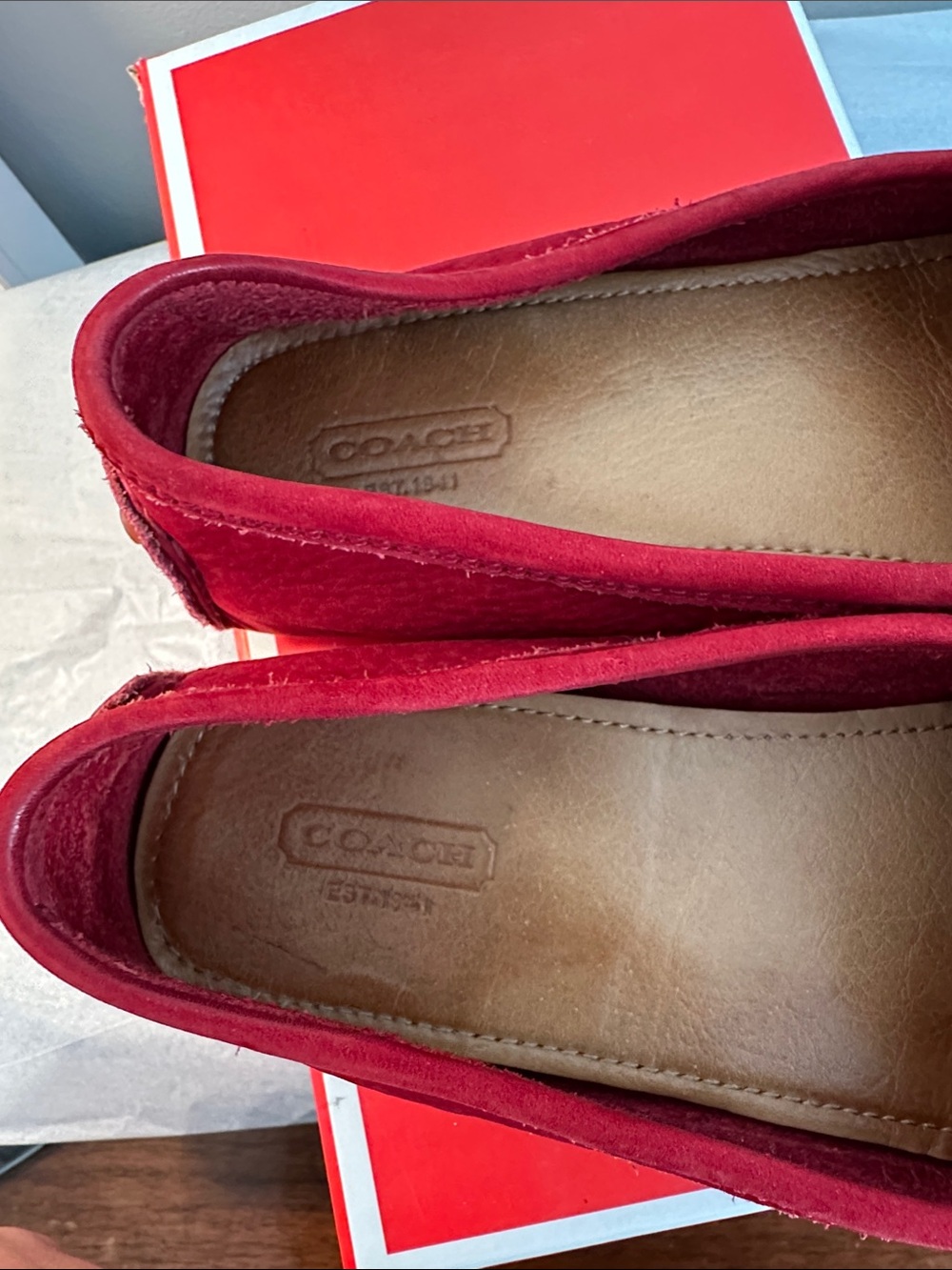 Coach Red Nubuck Driving Loafers with Decorative Bit - Picture 3 of 7